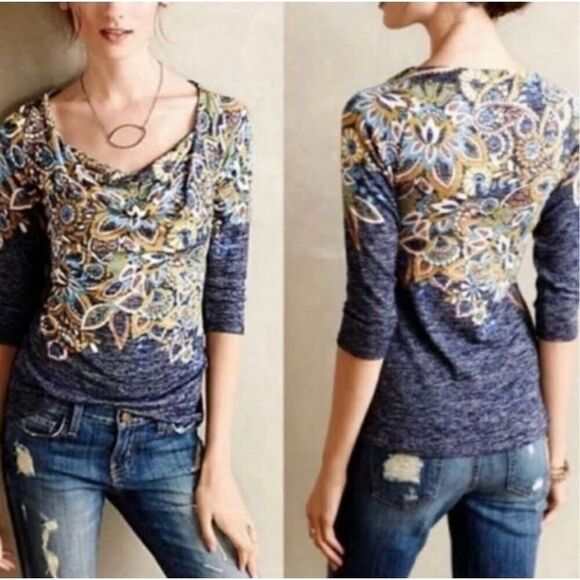 ✨ANTHROPOLOGIE Top Jacaranda Draped Neckline Floral Sz Medium ✨ - Picture 3 of 9